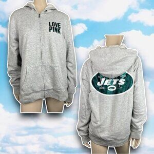 PINK VICTORIA'S SECRET NFL New York Jets Faux Fur Lined Hoodie Bling Glitter Lrg